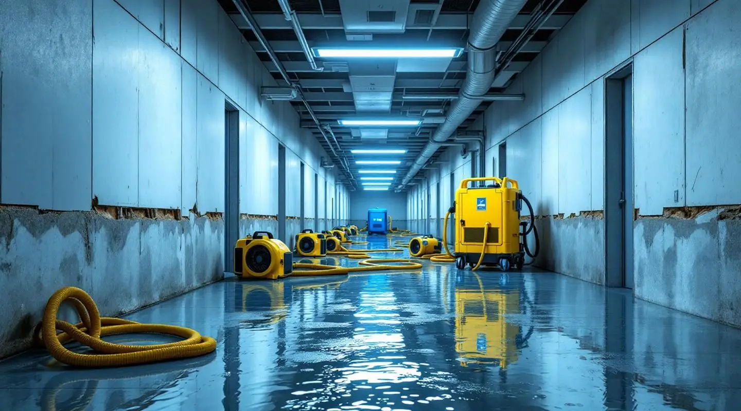 Commercial water extraction technicians using industrial air movers in a flooded Loveland office building.