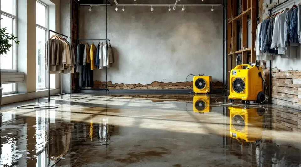 Commercial water extraction crew drying flooded retail showroom floor in Loveland using industrial air movers.