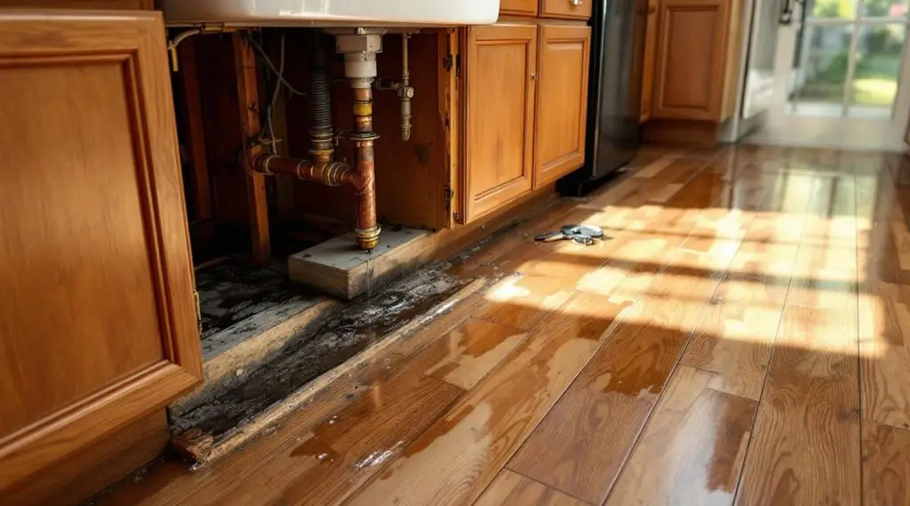 Technician drying water damage under kitchen cabinets in a Longmont home using professional extraction.