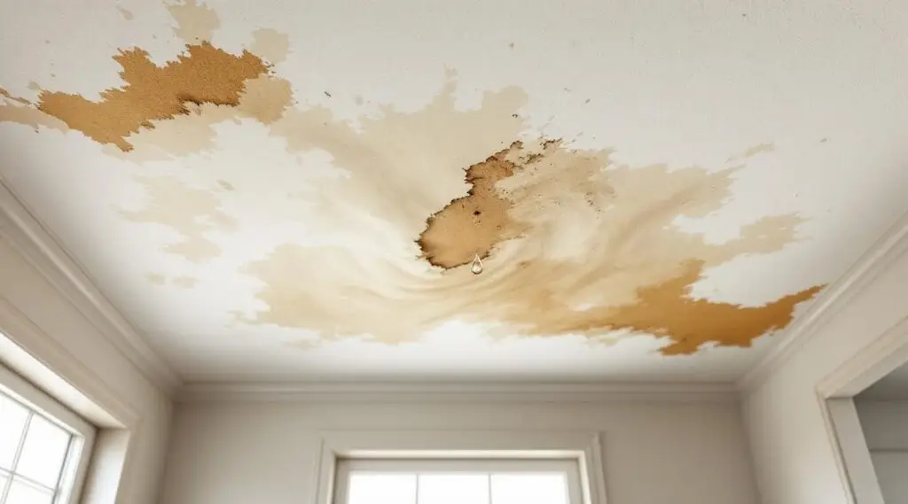Technician using a moisture meter on a water-stained drywall ceiling in a Longmont home to assess structural drying.