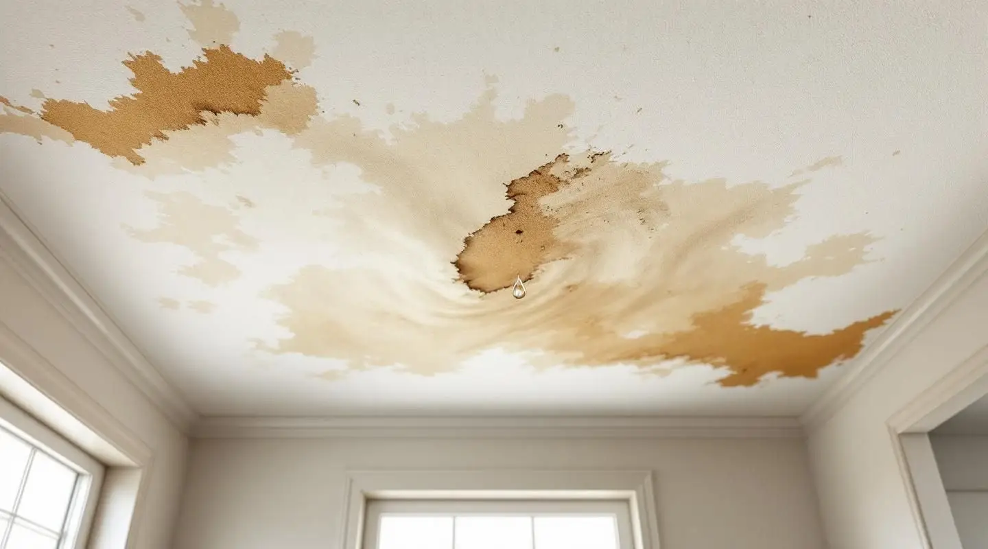 Technician using a moisture meter on a water-stained drywall ceiling in a Loveland home to assess structural drying.