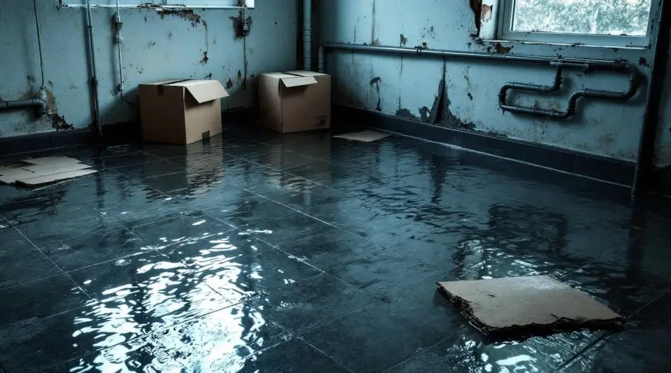Professional water extraction technician drying a flooded residential basement in Loveland, Colorado under bright work lights.