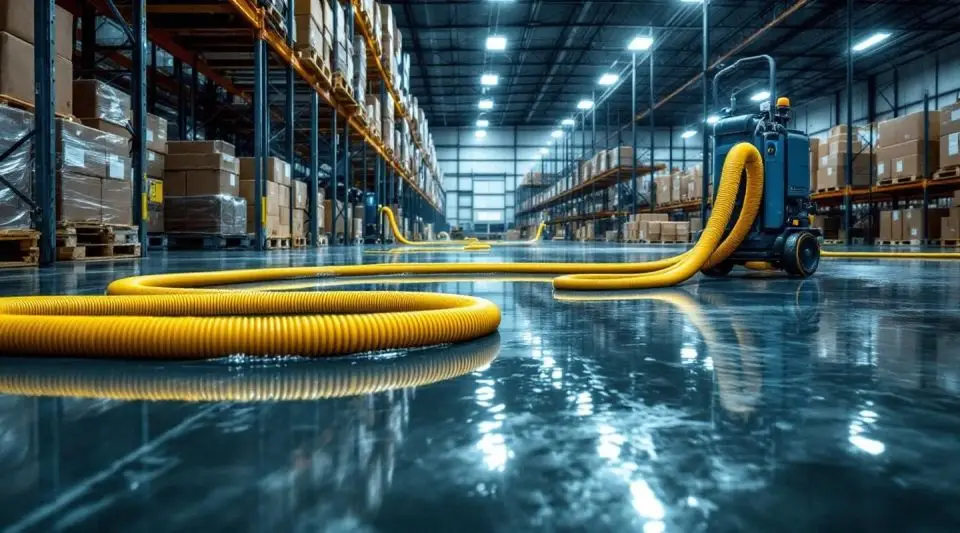 Industrial water extraction equipment drying a flooded concrete warehouse floor in Loveland.
