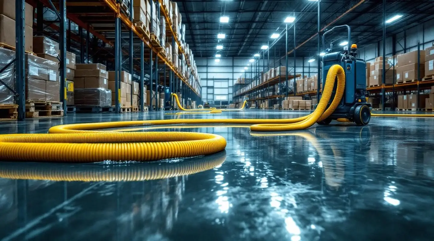 Industrial water extraction equipment drying a flooded concrete warehouse floor in Loveland.