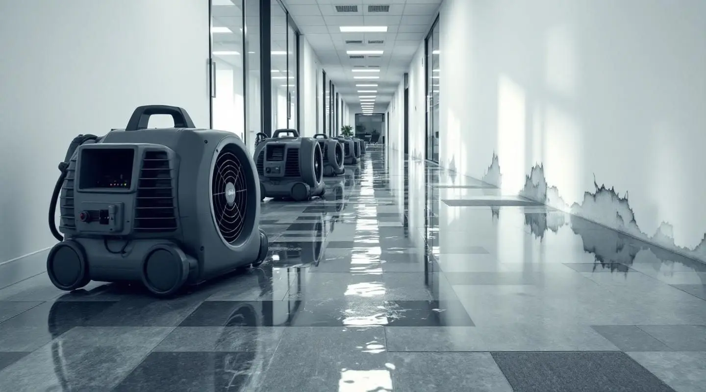 Restoration technicians setting up commercial air movers and desiccant dehumidifiers in a flooded Loveland office building.
