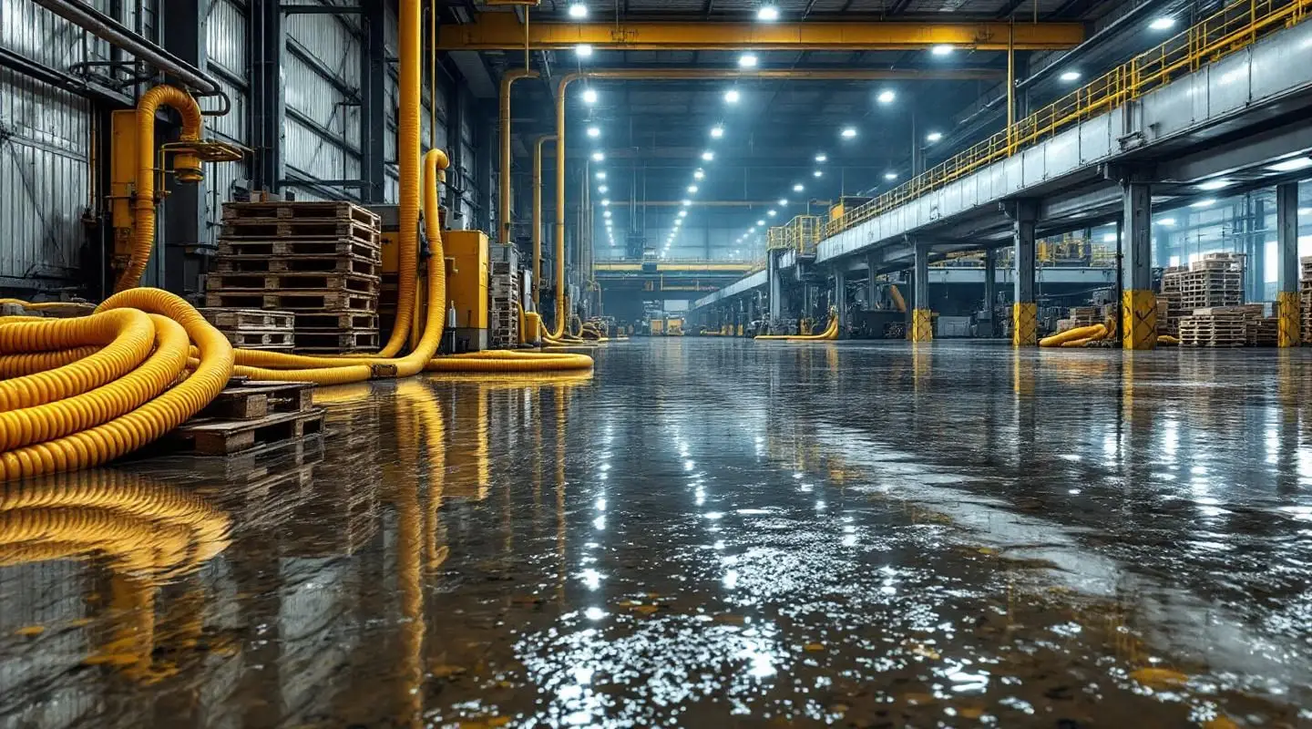 Commercial technicians deploying high-capacity water extraction pumps in a flooded Loveland warehouse facility.