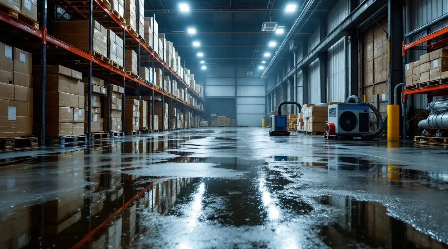 Commercial restoration technicians using industrial air movers to dry a large concrete warehouse floor in Loveland.