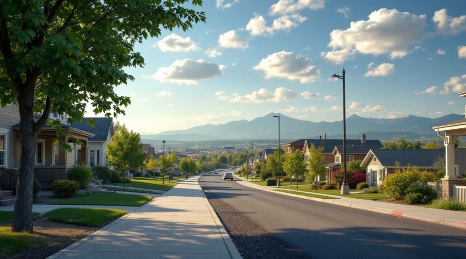 A service vehicle parked along a residential street in Fort Collins, Colorado, with the Front Range foothills visible in the background.