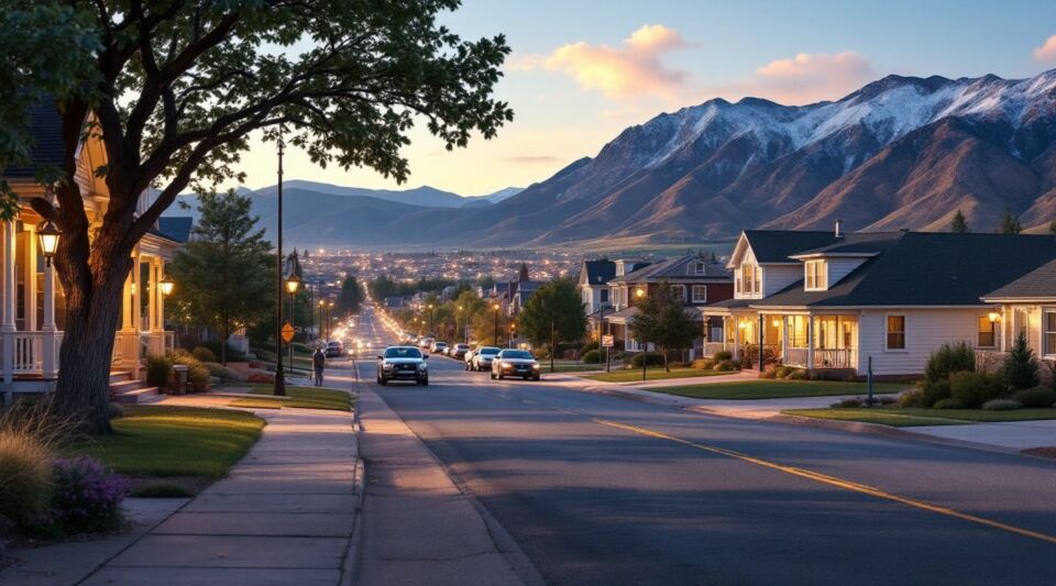 A service vehicle parked along a residential street in Timnath, Colorado, with the Front Range mountains visible in the background.