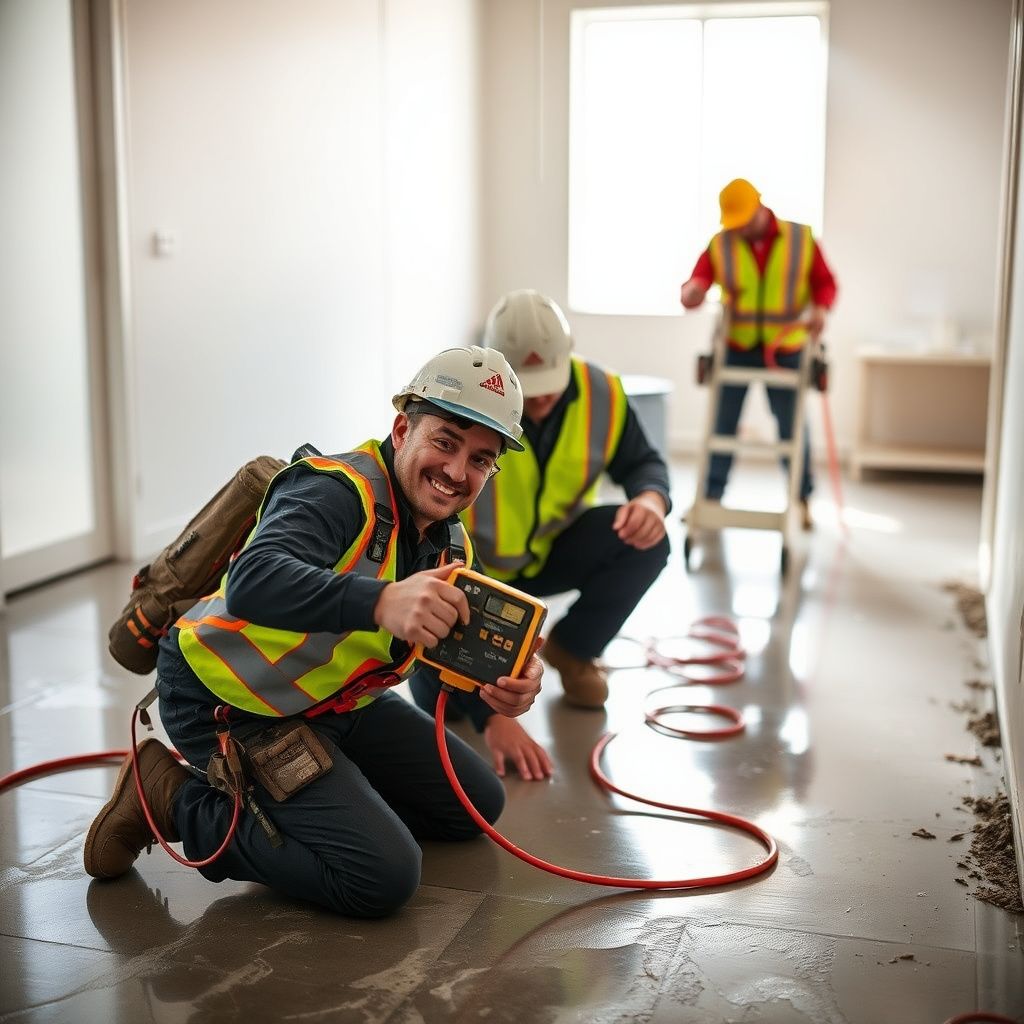 A professional water restoration technician checking moisture levels in a Fort Collins home using a digital moisture meter.