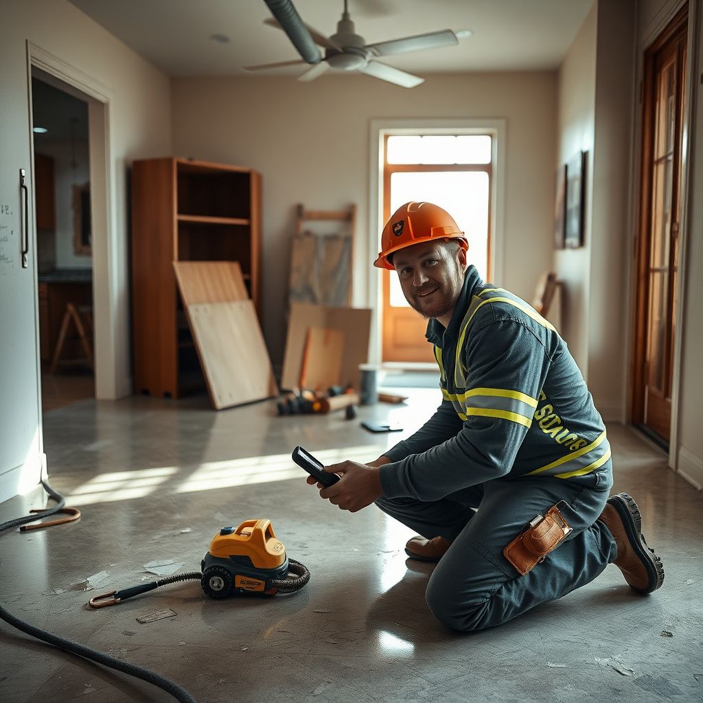 An Emergency Drying Restoration technician using a moisture meter to inspect a wall cavity in a Greeley home.