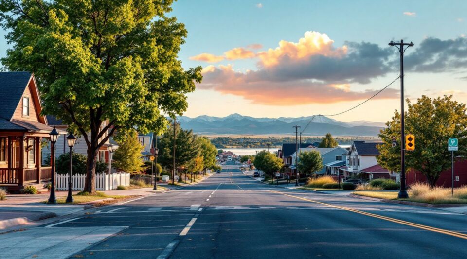 A service vehicle parked along a residential street near Lake Loveland in Colorado during a crisp spring morning.