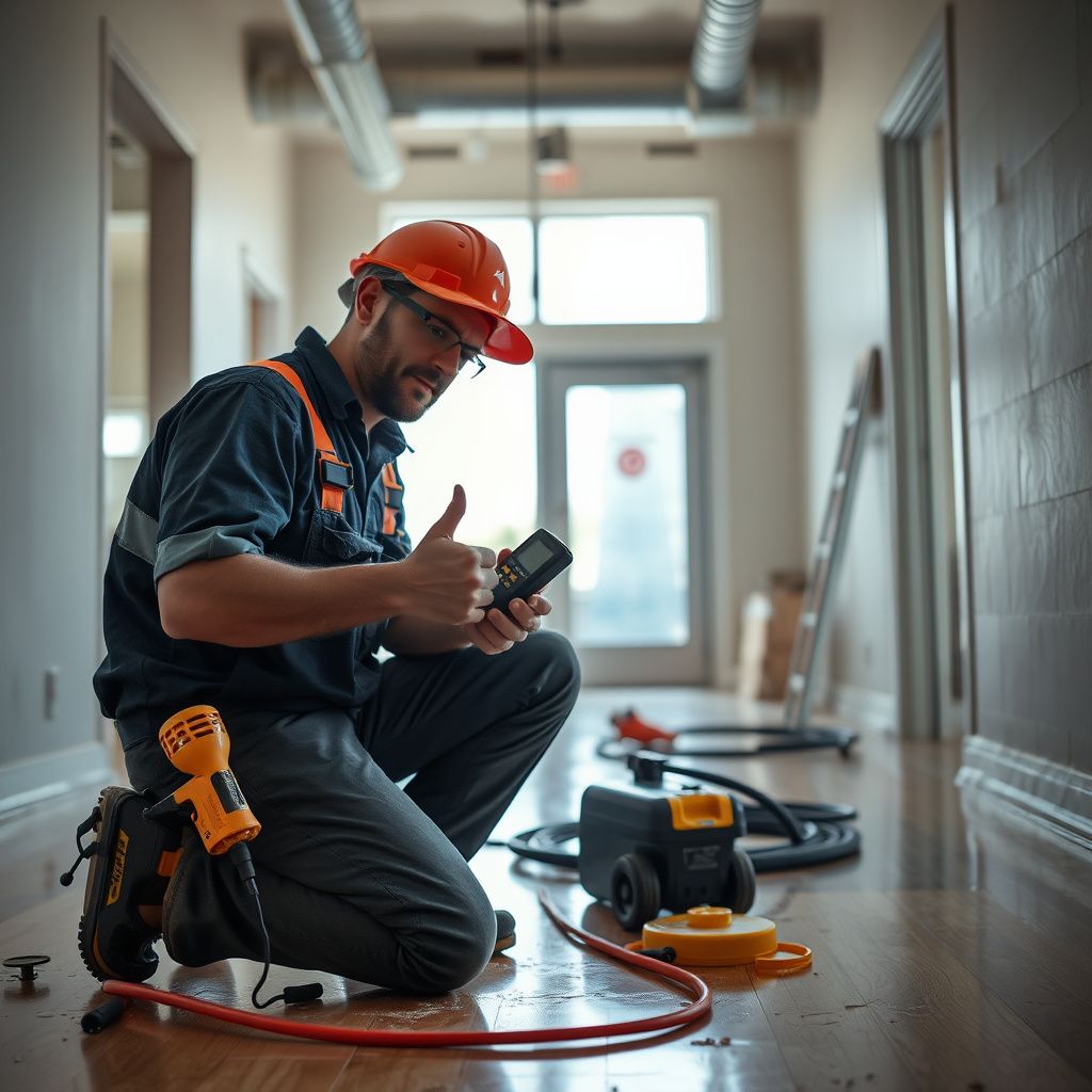 A technician using a moisture meter to check the moisture levels in a wooden subfloor.