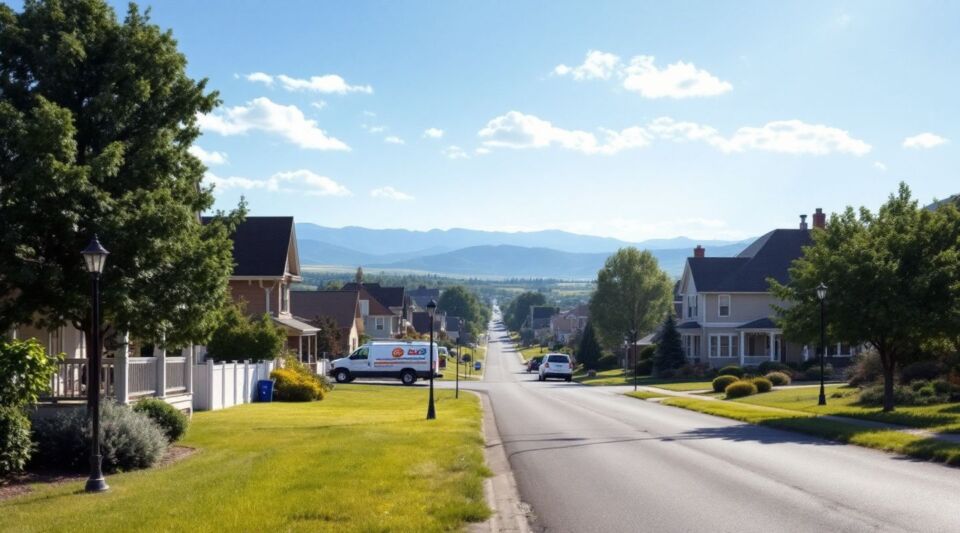 A service vehicle parked along a residential street in Berthoud, Colorado with the Front Range mountains visible in the background.
