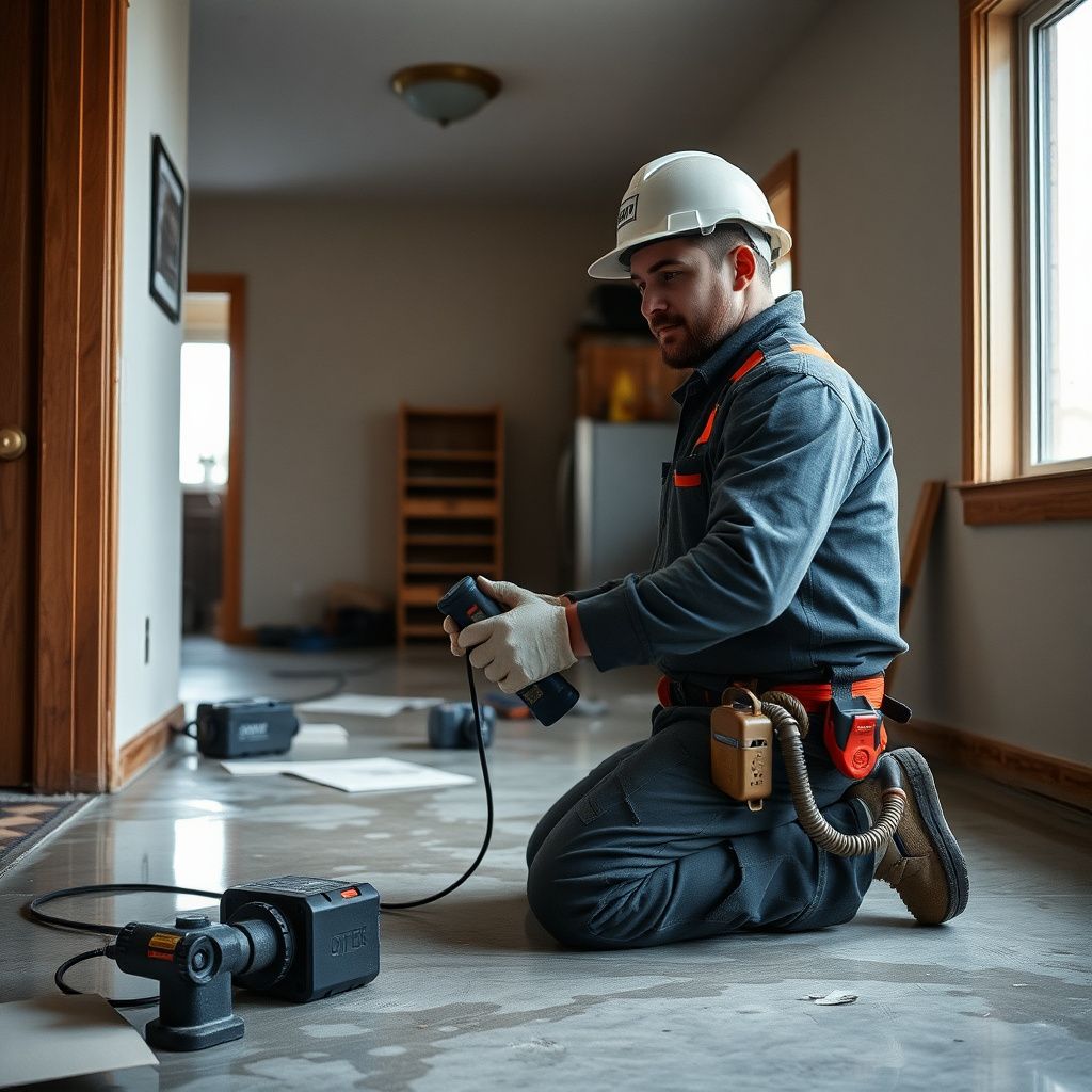 A technician using a moisture meter to check the moisture levels in a wooden wall stud in a Mead home.