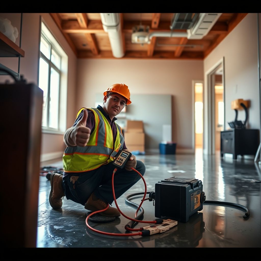 An IICRC-certified technician using a thermal imaging camera to detect hidden moisture behind a Windsor home's drywall.